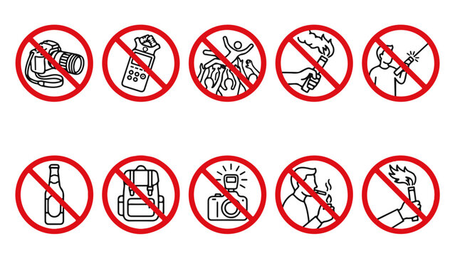 Safety prohibition signs set, warning symbols, restricted actions, rules and regulations, no smoking, no food, no camera, no backpack, vector