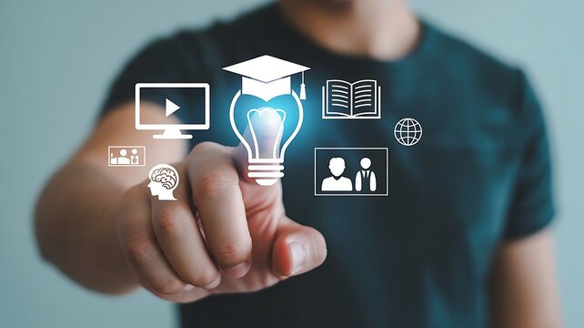 Man pointing at virtual education and e-learning icons with a glowing lightbulb representing knowledge and ideas