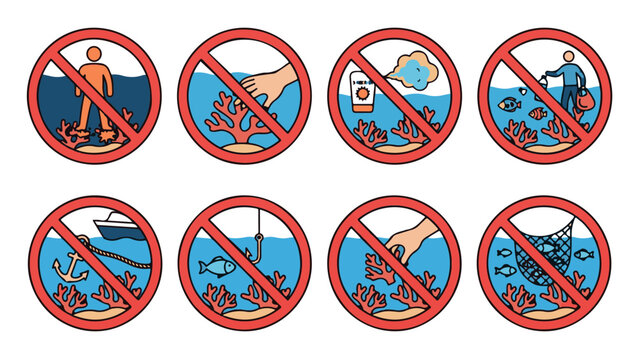 Ocean conservation prohibition signs set, no swimming, fishing, anchor, touch coral icons. Marine pollution, plastic waste, boat, net banned. Protection warning pictograms