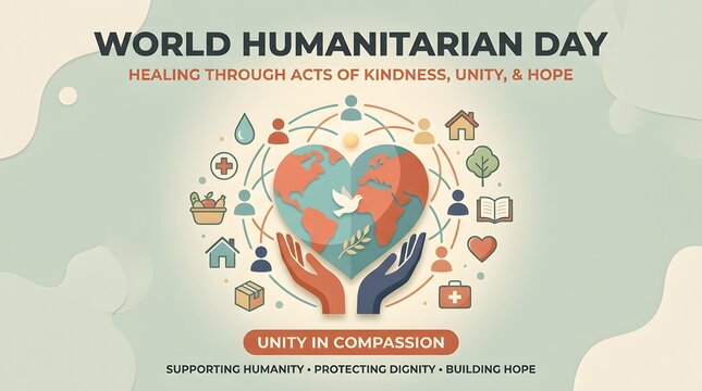 World humanitarian day illustration featuring a heart with doves and supporting icons