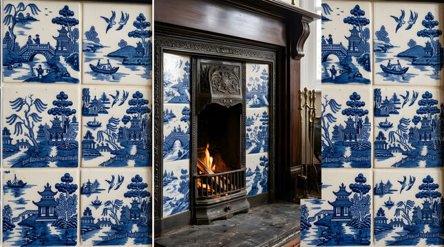 Antique fireplace with blue and white willow pattern tiles | Traditional Victorian cast iron hearth with burning fire | Vintage home interior with ornate wood mantelpiece | Classic ceramic tiles