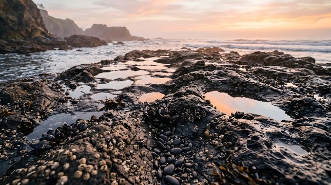 Rocky tide pools reflecting golden sunset on a scenic ocean coast with cliffs and marine life.