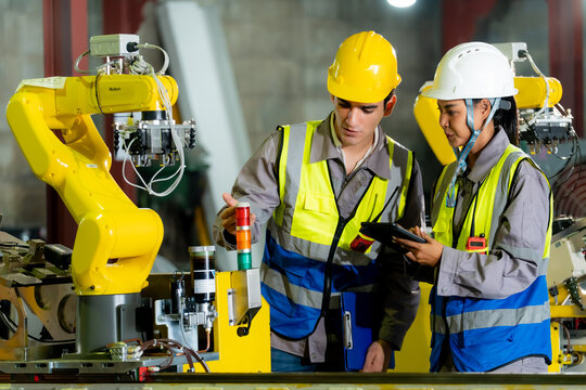 Professional engineers work alongside robotic systems in a manufacturing facility highlighting automation technology precision engineering and advanced production processes.