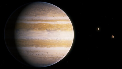 Jupiter Realistic still image of the gas giant Jupiter orbited by its Jovian Moons.  Visualization based on NASA/ESA data. © Christian Stangl