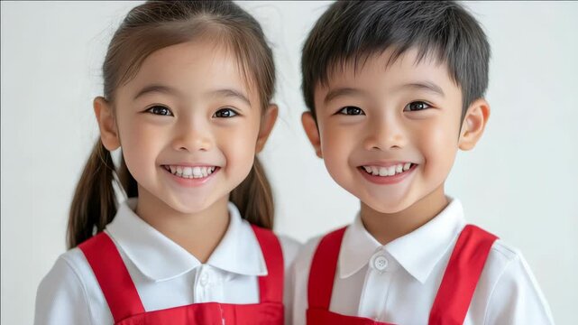 Young boy and girl wearing red and white school uniforms smiling at camera. Ideal for educational materials or childhood themes.