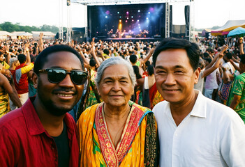 Naklejka premium Diverse group of three people smiling at a lively outdoor music festival with a stage and crowd in the background