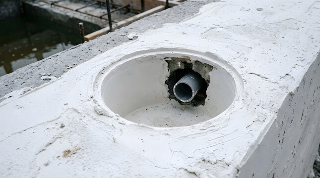 Concrete pool construction drainage system | PVC pipe installation in concrete wall | Swimming pool plumbing and filtration setup | Civil engineering foundation waterproofing