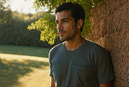 Thoughtful young adult man with dark hair and stubble leaning against a textured wall outdoors in Golden hour sunlight, Golden hour sunlight illuminates his face and the surrounding green foliage
