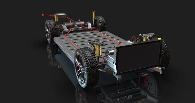 Fast electric car to dashboard start button battery and engine mechanics. Detailed 3D render of EV engine parts.