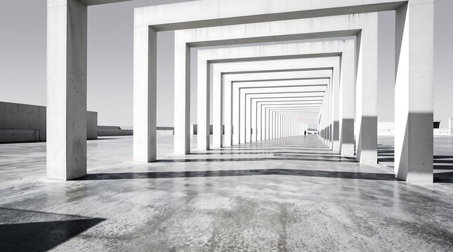 Perspective view of a minimalist concrete architectural structure with repeating rectangular frames and long shadows on a smooth ground