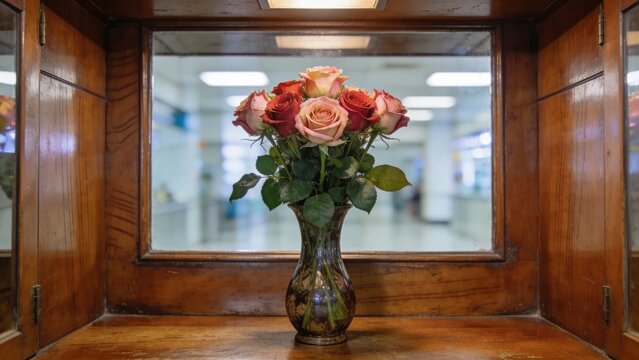 Elegant rose bouquet displayed inside vintage wooden cabinet with dark glass vase featuring red pink peach blossoms lush green foliage warm polished timber frame creates nostalgic romantic atmosphere 