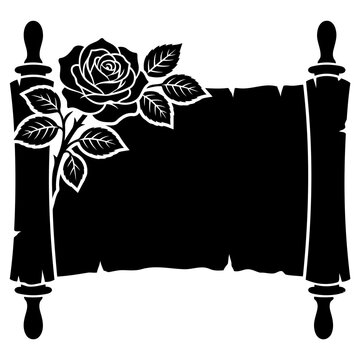 Floral scroll design with roses and leaves in black silhouette