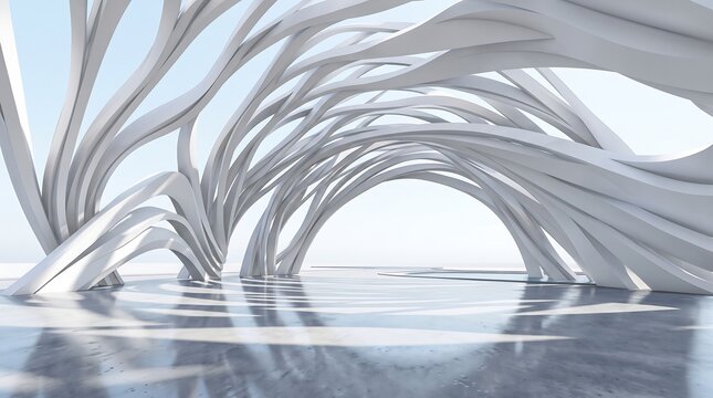 Abstract futuristic architecture with flowing white organic structures and reflective concrete floor