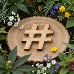 Obraz premium Wooden hashtag symbol on a tree stump surrounded by green plants and small colorful flowers in nature, Social media communication and digital trends within a natural, organic setting