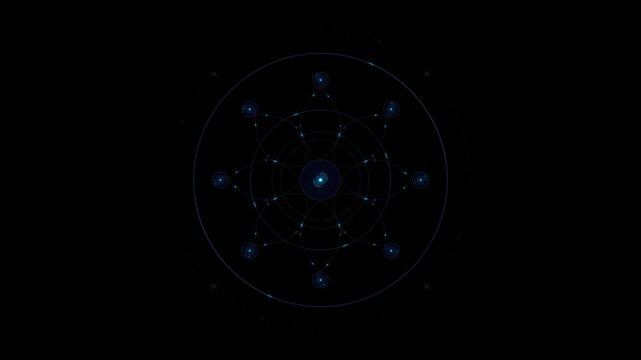 Futuristic hud interface with rotating geometric circles and pulsing data nodes digital
