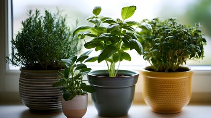 Fototapeta premium Fresh culinary herbs in ceramic pots arranged on a ill bathed in natural daylight with soft focus background
