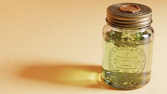 Mystical glass jar filled with pale herbal liquid dried botanicals floating inside ornate antique metal lid wax seal symbolic alchemical emblem creates mysterious occult atmosphere Warm golden lightin