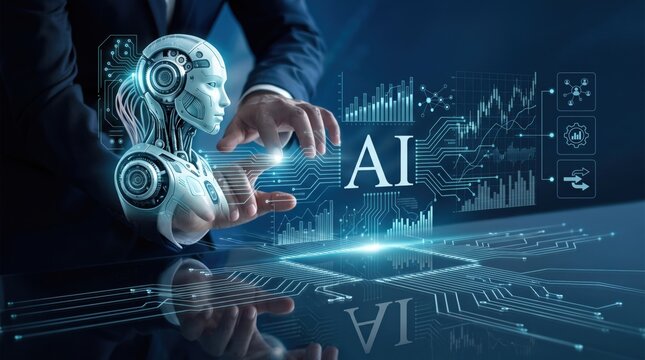 Futuristic artificial intelligence with robot head and human hand interacting with holographic interface, big data analytics, machine learning and automation technology.