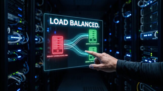 IT professional pointing at load balanced server dashboard with real-time traffic analytics displayed