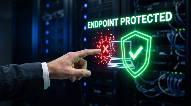 IT professional activating endpoint protection security software on a server room interface.