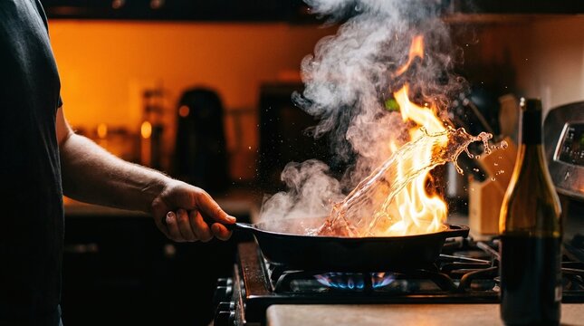 Home Cook Deglazing a Pan with Wine Over an Open Flame