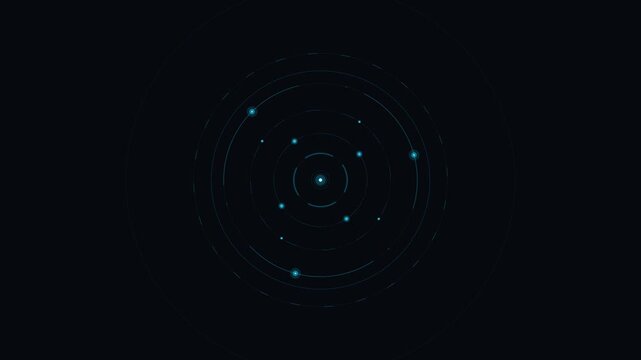 Digital radar interface with rotating glowing particles and concentric circles background
