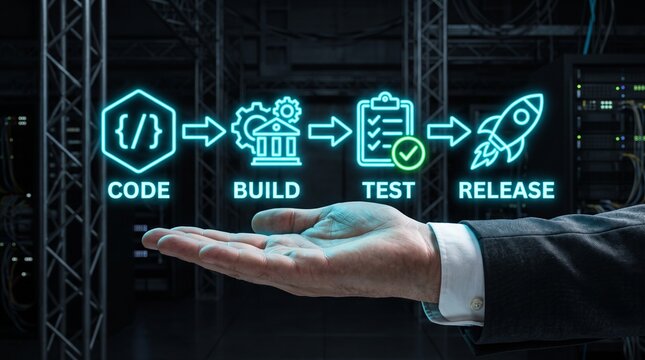 Hand holding glowing CI CD pipeline icons for software development and automated release