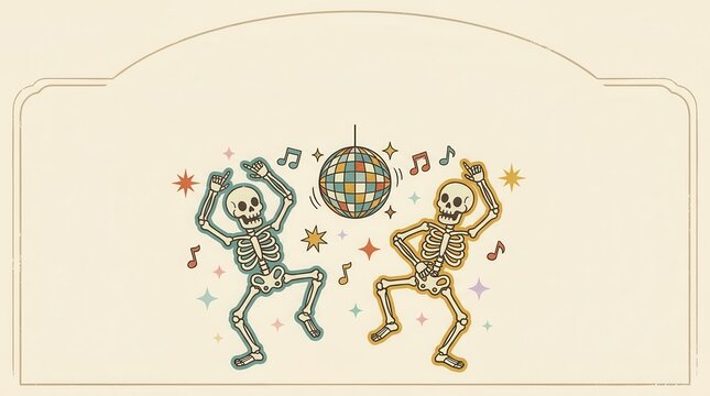 Dancing skeleton character with disco ball retro illustration background