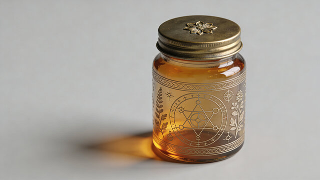 Vintage amber glass apothecary jar containing golden herbal liquid decorated with intricate alchemical symbols botanical motifs celestial geometry ornate brass lid creates mysterious mystical atmosphe