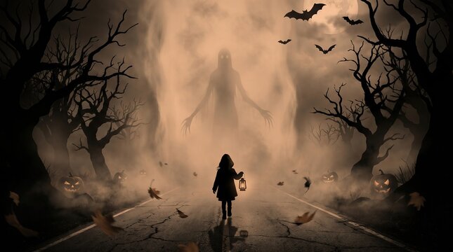Small child carrying lantern walking down dark haunted road toward eerie towering ghostly fog figure with surrounded glowing pumpkins entity while surrounded