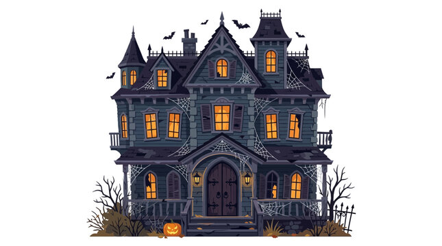 Spooky haunted house illustration, dark victorian mansion with glowing windows, Halloween holiday concept, wicked spooky building, haunted manor, scary house, horror mansion illustration