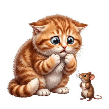 Scared ginger kitten afraid of a tiny mouse funny animal friendship interaction