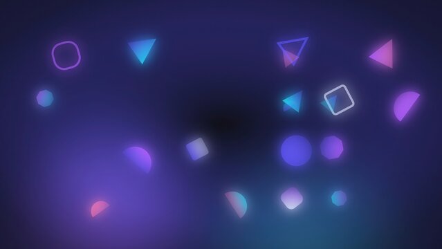 Neon geometric shapes floating on purple background with glowing triangles squares and circles in dark digital.