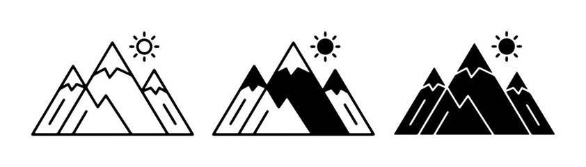 Mountain Icons Set, Sun and Peaks, Vector Graphics for Outdoor Adventure and Nature Themes © Sadia