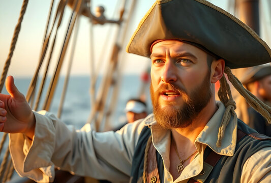 Bearded pirate captain in tricorn hat on a sailing ship at sea, adventure and exploration concept at sunset