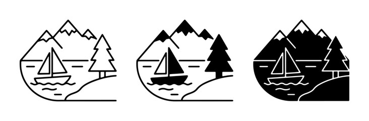 Sailboat on Water, Mountain Landscape Icons Set: Outline and Silhouette, Nature Scene Vector Graphics for Travel and Outdoor Themes © Arif