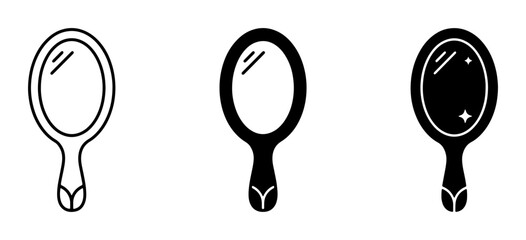 Hand Mirror Icons Set, Vintage Vanity Reflection Tools, Elegant Beauty Accessory Graphics, Simple Outline and Silhouette Designs © Arif
