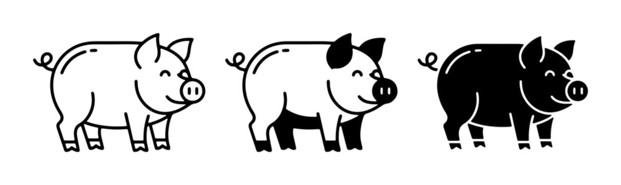 Three Pig Icons: Outline, Filled, and Silhouette Vector Graphics for Farm and Livestock Themes