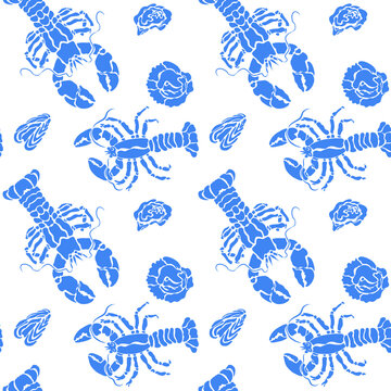 Blue lobster seafood seamless pattern ocean background
