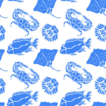 Blue sea life seafood mix seamless pattern background