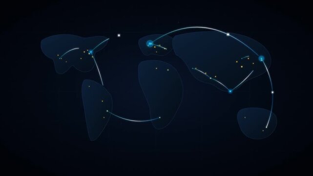 Animated Global Data Network Loop with Glowing Blue Arcs, World Map Silhouette, Golden City Lights, and Tech Grid
