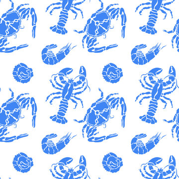 Blue crustaceans seafood seamless pattern tile background