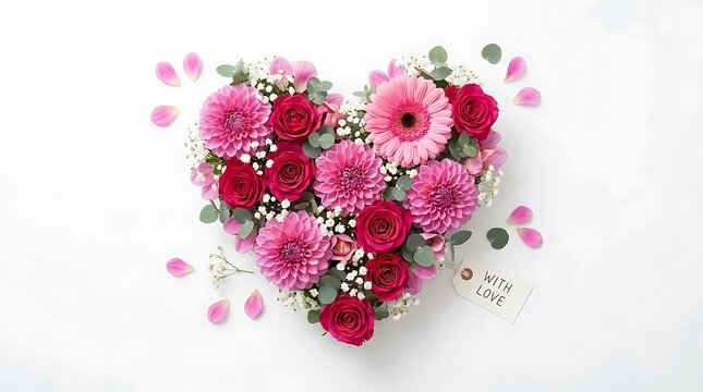 Close-up of a pink and white flower bouquet with green foliage and scattered