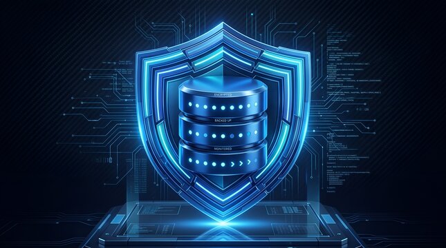 Multi layered database cybersecurity and monitored server infrastructure concept featuring metallic protection shield