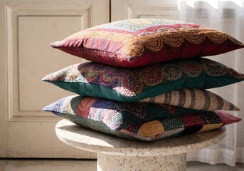 Naklejka premium Colorful Patchwork Fabric Decorative Cushions Stacked On Round Table