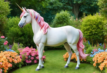 Obraz premium White unicorn with a golden horn and pink mane standing in a lush garden with colorful flowers, the mythical creature is surrounded by an abundance of colorful flowers and lush green foliage