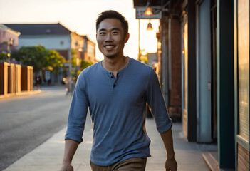 Fototapeta premium Smiling young asian man walking on a city sidewalk during golden hour, urban lifestyle and casual fashion, the urban setting provides a backdrop for his casual lifestyle and positive demeanor