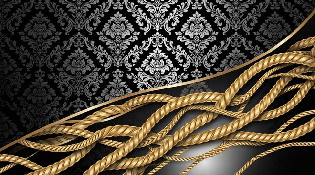 Luxury damask pattern with gold decorative ropes on black