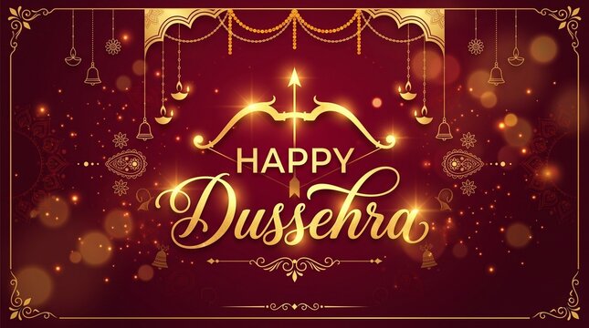 Golden Happy Dussehra Font With Bow, Arrow Illustration And Bokeh Light Effect On Red Jai Shri Ram Hindi Text Pattern Background.