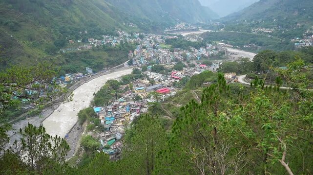 High Angle View Of India Nepal Border Towns Divided By Kali River In Himalayas